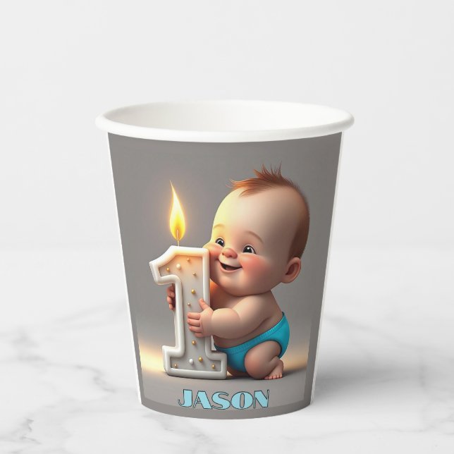 " FIRST BIRTHDAY BABY BOY " PAPER CUPS (Front)