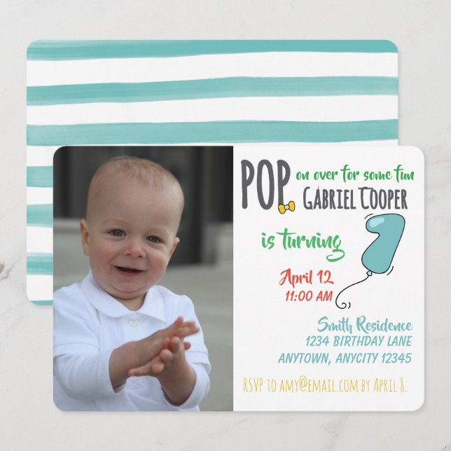 First Birthday Balloon Graphic Colourful Boy Invitation (Front/Back)