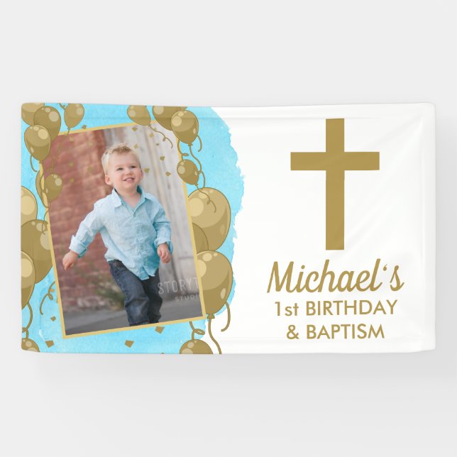 First Birthday Baptism 1st Gold Balloons Photo Banner (Horizontal)