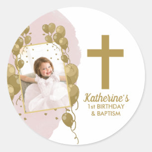 First Birthday Baptism Pink Gold Balloons Photo Classic Round Sticker