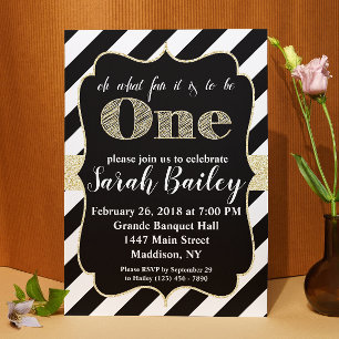 First Birthday Black Gold Glitter Birthday Invite
