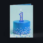 First Birthday Blue Cake and Candle Card<br><div class="desc">A beautiful birthday greeting card features a blue cake with a number 1 candle and sprinkles on the front and your custom greeting - or use ours - on the inside. You can change the saying,  the fonts,  the colours,  add names and a signature line,  too!</div>