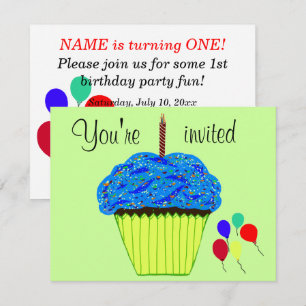 First Birthday Blue Cupcake Balloons Invitation
