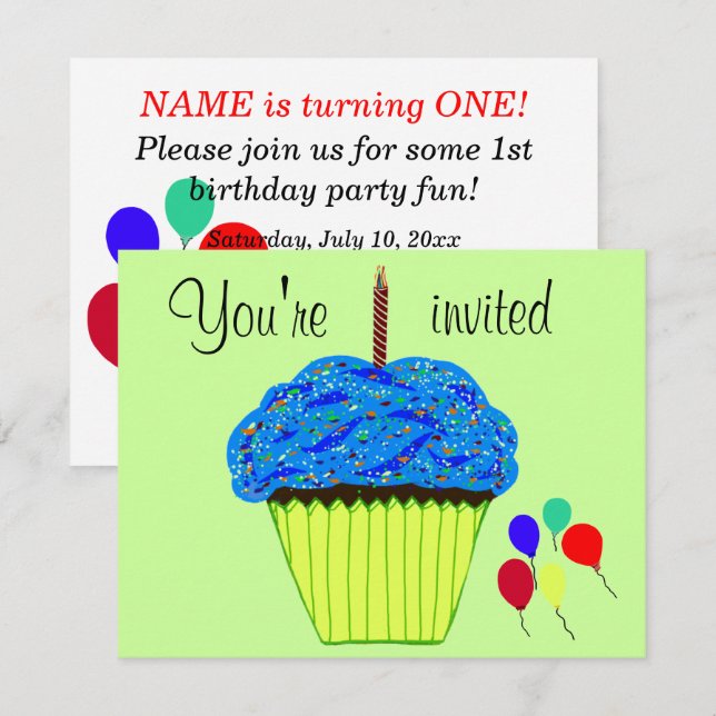 First Birthday Blue Cupcake Balloons Invitation (Front/Back)