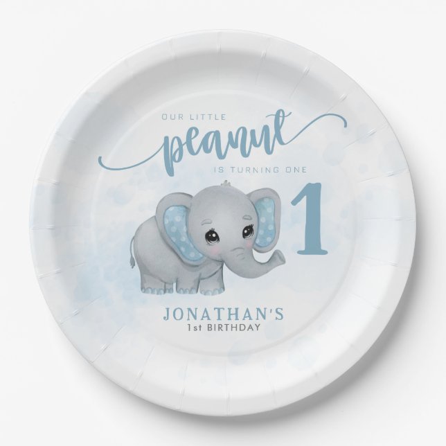 First Birthday Blue Elephant Boy 1st Birthday Paper Plate (Front)