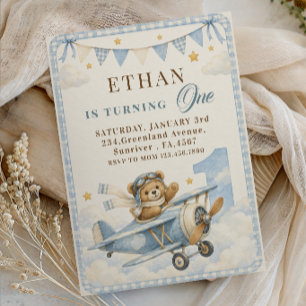 First Birthday Blue Gingham Teddy Bear Airplane Invitation