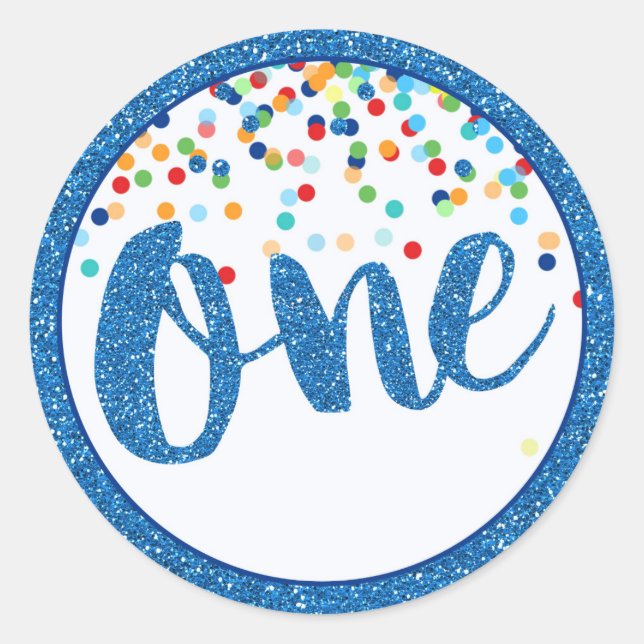 First Birthday Blue Glitter Round Sticker (Front)