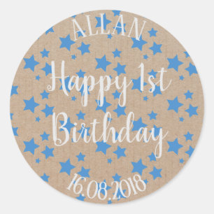 First Birthday Blue Stars Craft Paper Classic Round Sticker