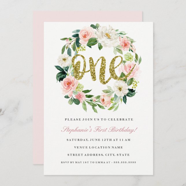 First Birthday Blush Gold Floral Wreath Invitation (Front/Back)