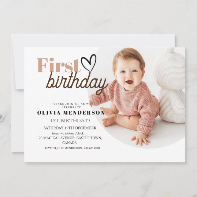  First Birthday Boho Heart Minimal  Moder Birthday Invitation (Front)