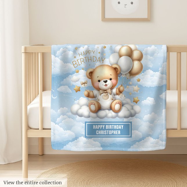 First birthday boy blanket with blue gold teddy (First birthday boy blanket with blue gold teddy)