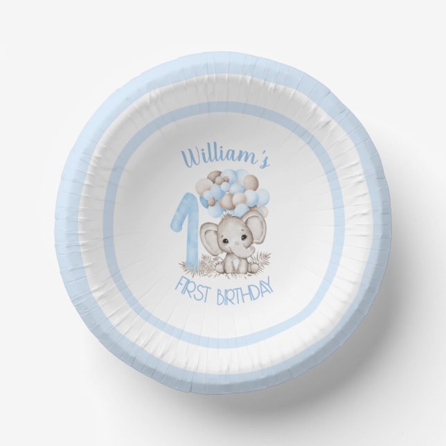 First Birthday Boy Cute Elephant Paper Bowls Paper Plate (Front)