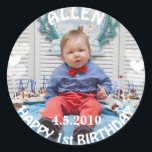 First Birthday Boy Photo Sticker<br><div class="desc">Cute sticker you can personalize by uploading your own son's photo along with adding his name and birth date in the customize area.</div>