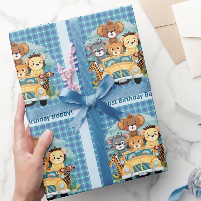 First Birthday Boy's Custom Name Safari Animals Wrapping Paper (Creator Uploaded)