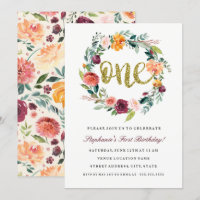 First Birthday Burgundy Gold Floral Wreath Invite