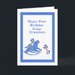 First Birthday Card Great Grandson<br><div class="desc">First birthday card for your Great Grandson This card has two cute drawn cats and an old retro hobby horse. The colours are blue and white.  Thanks to Bsilvia and Fidget Resources for some of the elements in the design.</div>