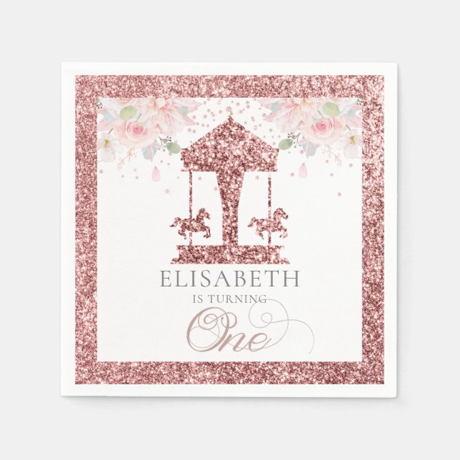 First Birthday Carousel Floral Glitter Napkin (Front)