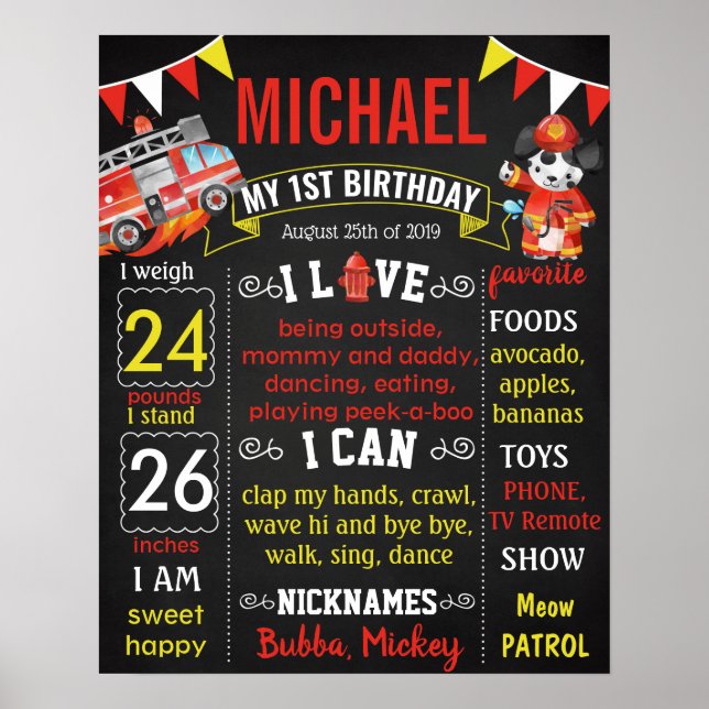 First Birthday chalkboard sign Fireman (Front)
