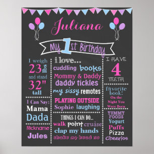First Birthday Chalkboard Sign, Pink, Purple, Blue Poster