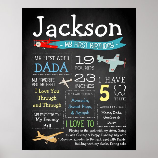 First Birthday Chalkboard Sign "Planes" 16x20 (Front)