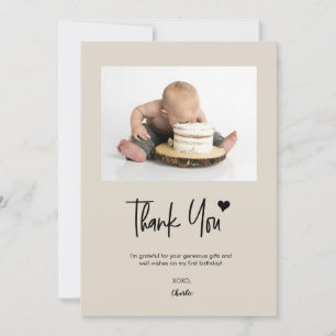 First Birthday Custom Photo Beige Modern script Thank You Card