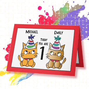 First Birthday Cute Cat Cartoon Twin Personalized  Card