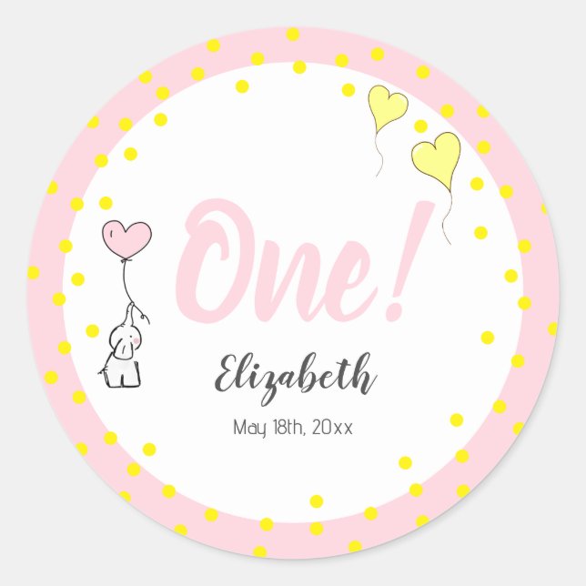 First Birthday Cute Elephant and Heart Balloons Classic Round Sticker (Front)