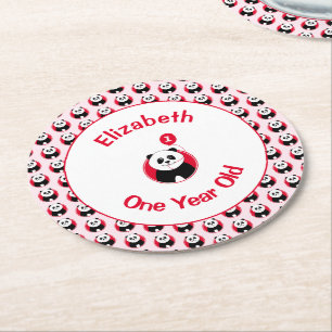 First birthday cute panda red balloon add name round paper coaster