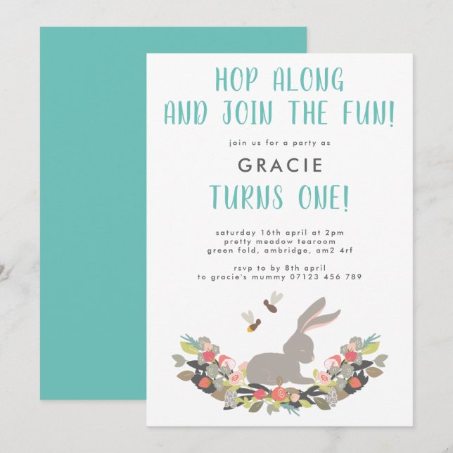 First Birthday Cute Spring Rabbit Birthday Party Invitation (Front/Back)