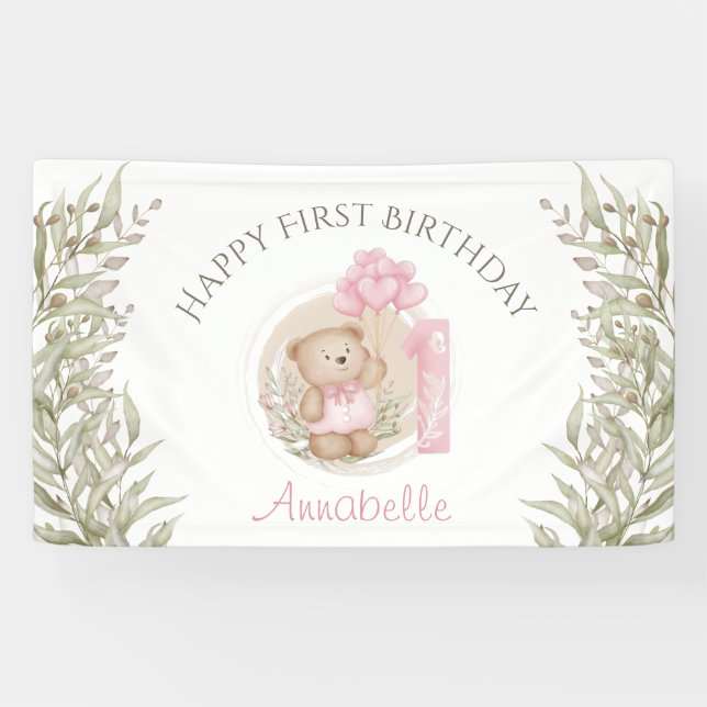 First Birthday Cute Teddy Bear Heart Balloons Banner (Horizontal)