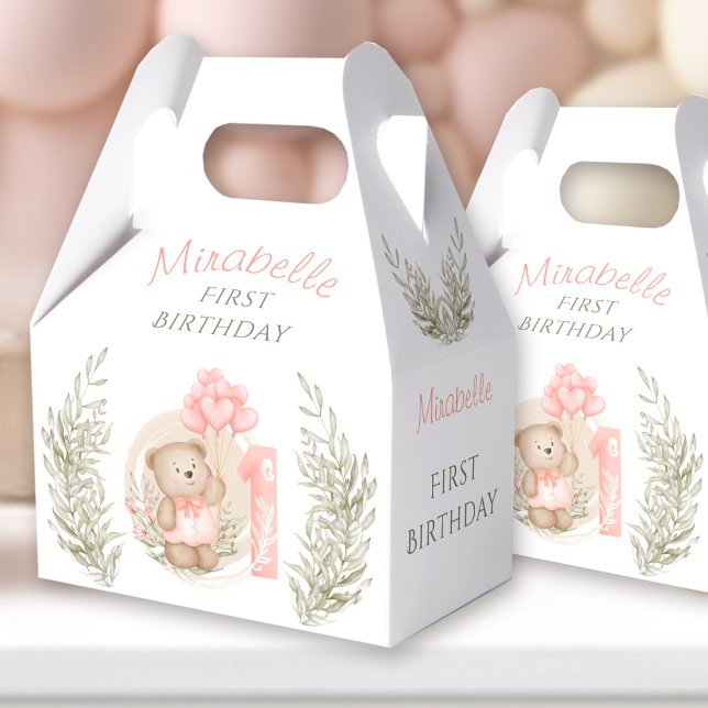 First Birthday Cute Teddy Bear Heart Balloons Favor Box (First Birthday Cute Teddy Bear Heart Balloons Favor Boxes)