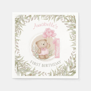 First Birthday Cute Teddy Bear Heart Balloons Napkin