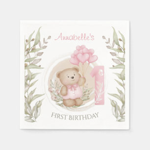 First Birthday Cute Teddy Bear Heart Balloons Napkin