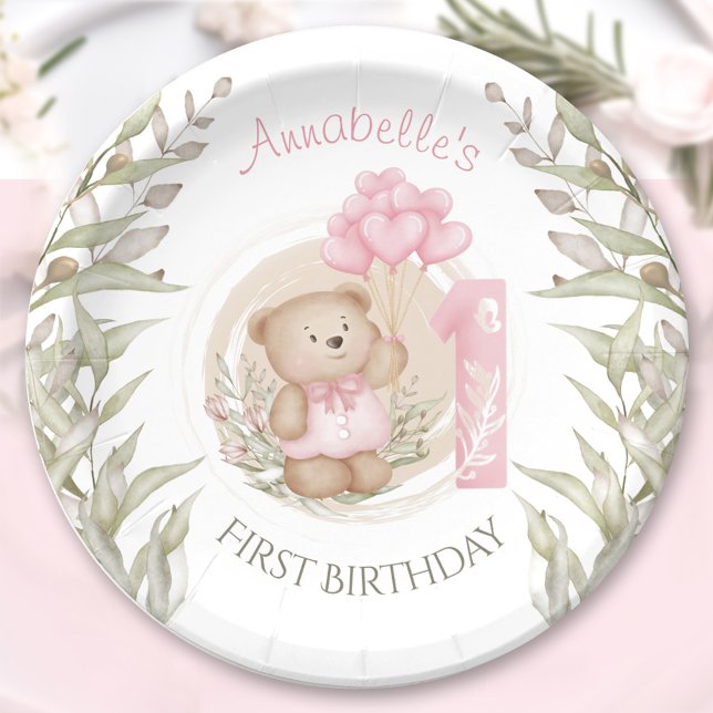 First Birthday Cute Teddy Bear Heart Balloons Paper Plate (First Birthday Cute Teddy Bear Heart Balloons Paper Plates)