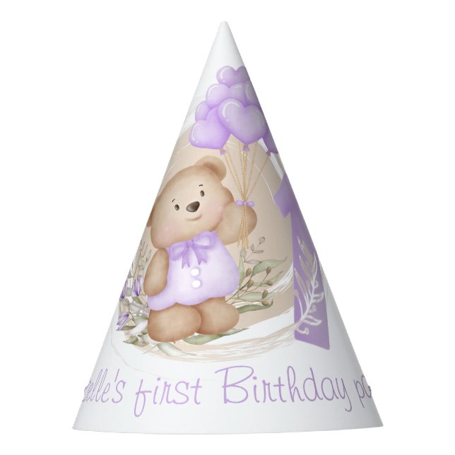 First Birthday Cute Teddy Bear Heart Balloons Party Hat (Front)