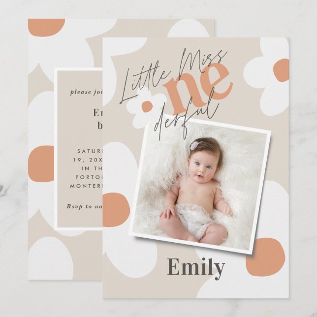 First birthday daisy boho retro terracotta photo i invitation (Front/Back)