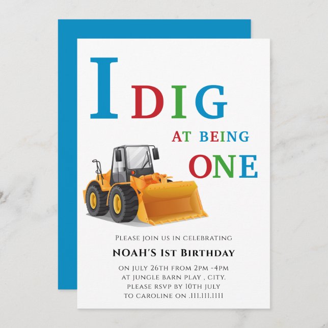 First birthday digger themed  invitation (Front/Back)
