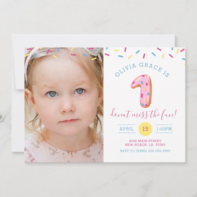 First Birthday Doughnut Photo Card Invitation (Front)