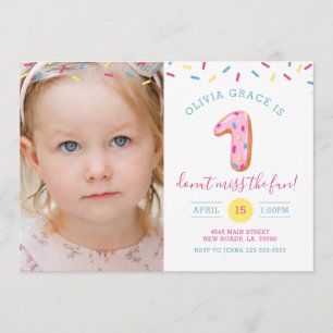 First Birthday Doughnut Photo Card Invitation