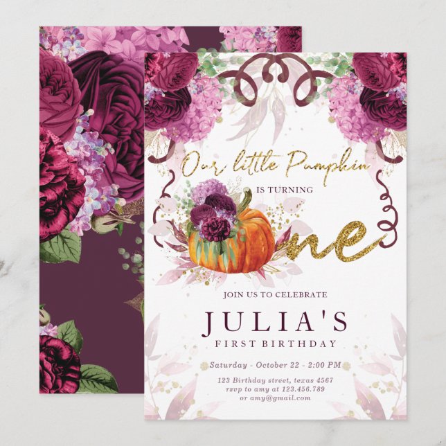 First Birthday Elegant Autumn Burgundy Invitation (Front/Back)