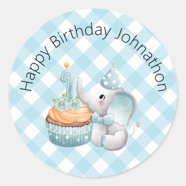 First Birthday Elephant Baby Boy Sticker Plaid (Front)
