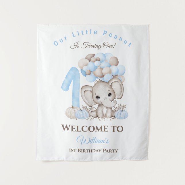 First Birthday Elephant Boy Welcome Sign Tapestry (Front)