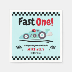First Birthday Fast One Vintage Blue Race Car Napkin