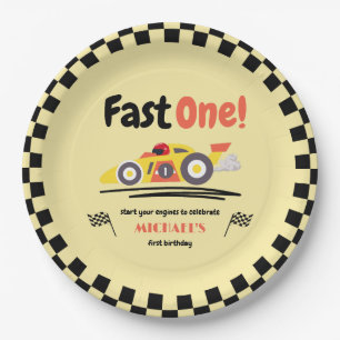 First Birthday Fast One Yellow Vintage Race Car Paper Plate