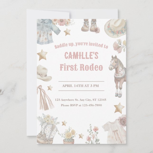 First Birthday, First Rodeo Invitation, Cowgirl  Invitation (Front)