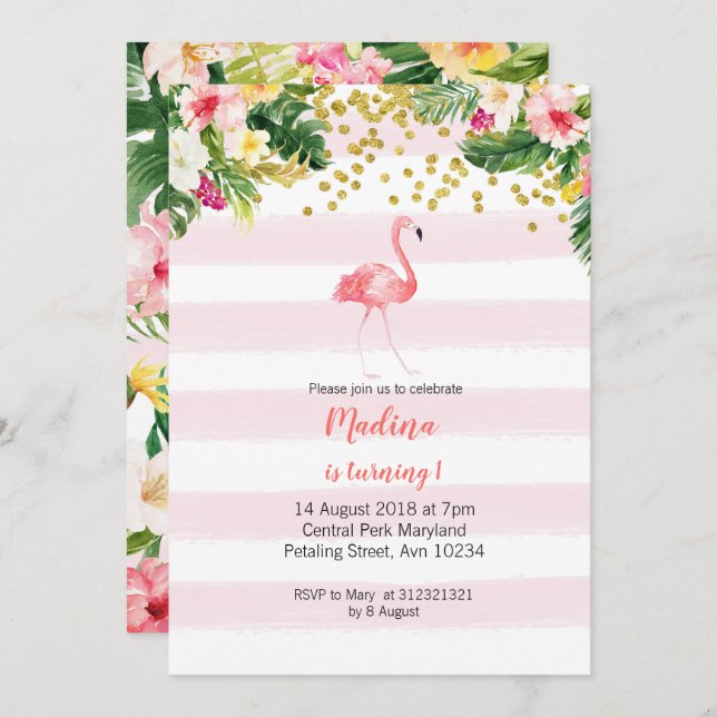 First birthday flamingo invitations (Front/Back)