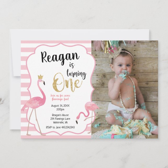 First Birthday Flamingo Photo Invitation (Front)
