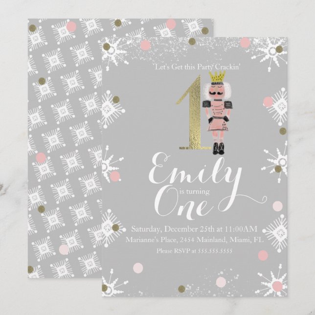 First Birthday Foil Nutcracker Snowflakes Holiday Invitation (Front/Back)