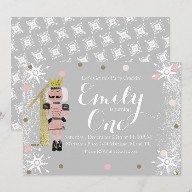 First Birthday Foil One Nutcracker Snowflakes Invitation (Front/Back)