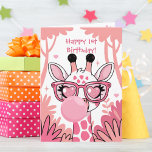 First Birthday Giraffe Pink Bubble Cute Funny  Card<br><div class="desc">A delightful birthday greeting card showcasing a cute giraffe joyfully wearing oversized pink glasses blowing a big pink bubblegum bubble. The giraffe, surrounded by lush jungle foliage in soft pastel pink creates a whimsical and fun atmosphere. A customizable greeting "HAPPY 1st BIRTHDAY!" appears in a playful font in a vibrant...</div>
